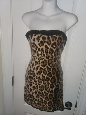 Strapless Leopard Print Sequin Mini Dress - Black Trim